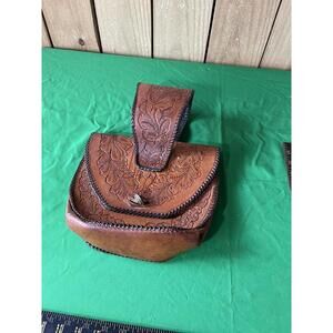 Vintage Tooled Leather Whipstitched Large Wristlet Bag Purse Janie C. Wittman !